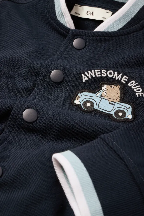 Teddy bear and car - varsity jacket - textured dark blue
