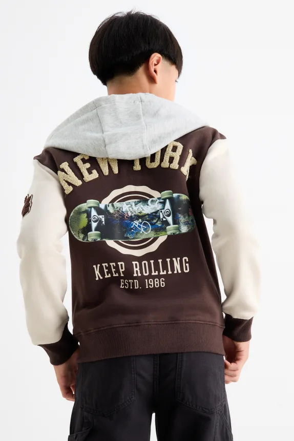 Skateboarder - varsity jacket with hood dark brown