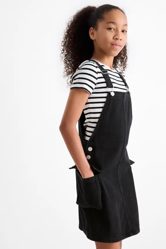 Set - short sleeve T-shirt and denim pinafore dress - 2 piece black / white