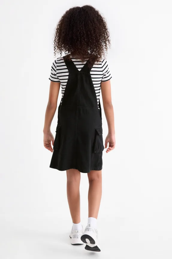 Set - short sleeve T-shirt and denim pinafore dress - 2 piece black / white