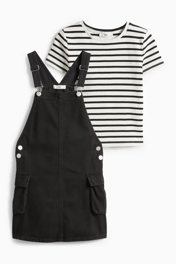 Set - short sleeve T-shirt and denim pinafore dress - 2 piece black / white