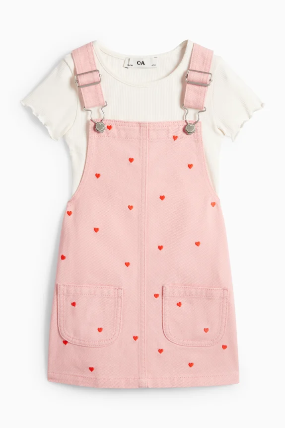 Heart - set - short sleeve T-shirt and denim pinafore dress - 2 piece pink
