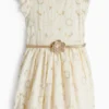 Floral - dress with belt - shiny - party cremewhite