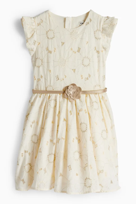 Floral - dress with belt - shiny - party cremewhite