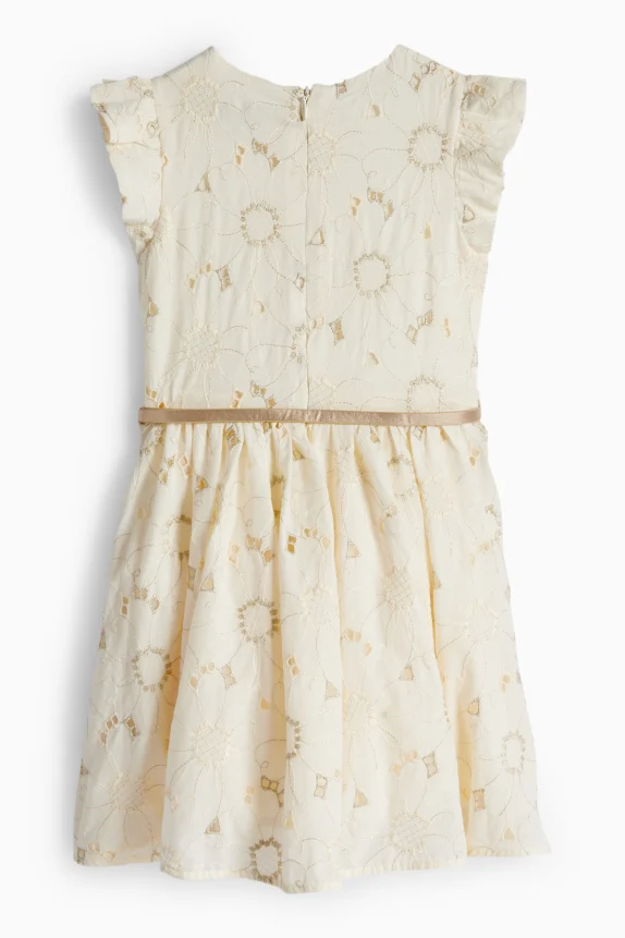 Floral - dress with belt - shiny - party cremewhite