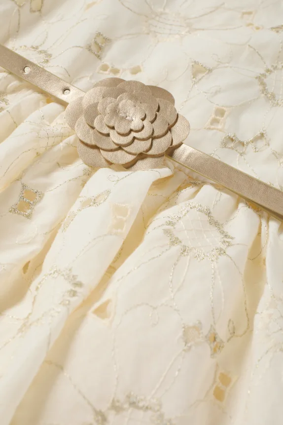 Floral - dress with belt - shiny - party cremewhite