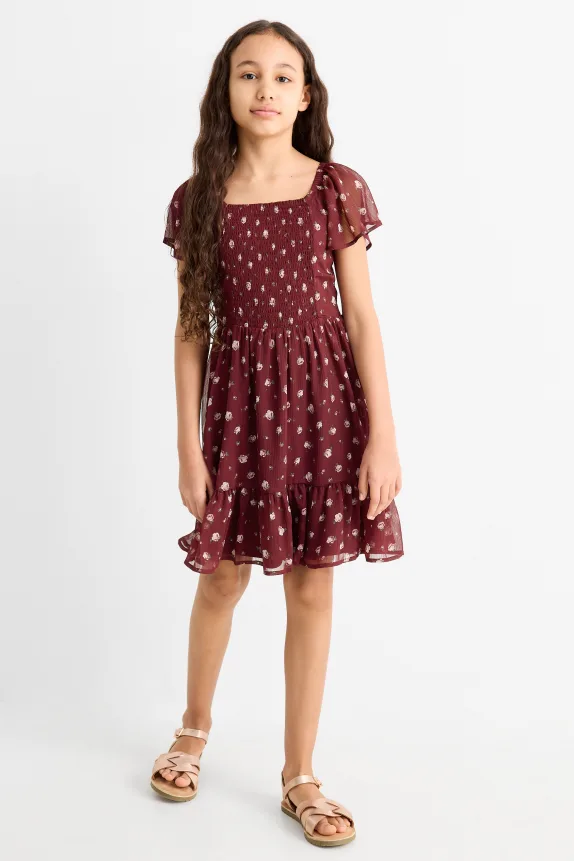 Chiffon dress - floral - smocked bordeaux