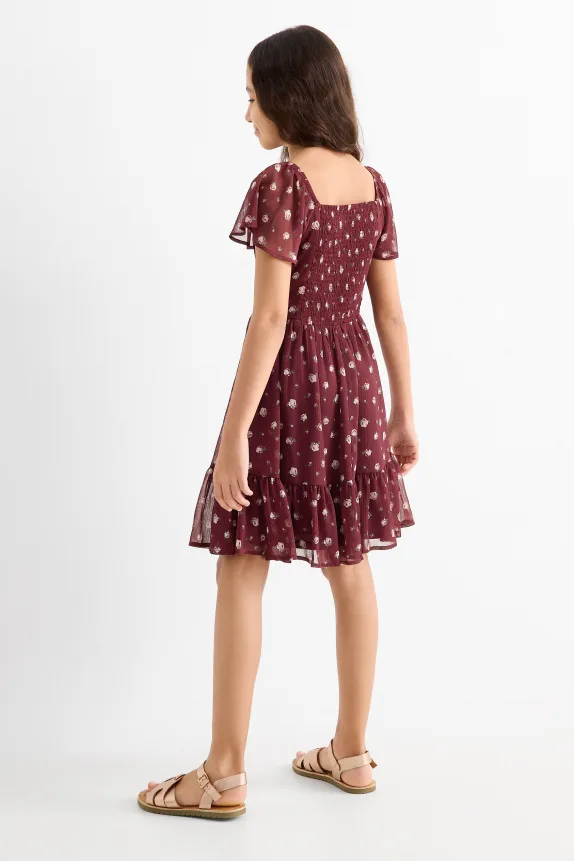 Chiffon dress - floral - smocked bordeaux