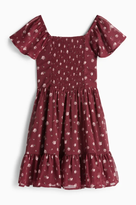 Chiffon dress - floral - smocked bordeaux