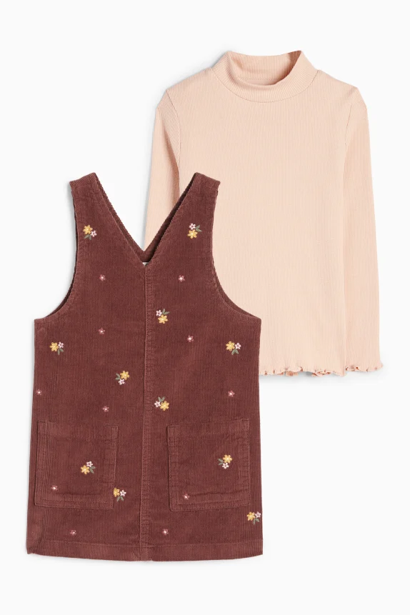 Floral - set - turtleneck top and corduroy dress - 2 piece dark brown