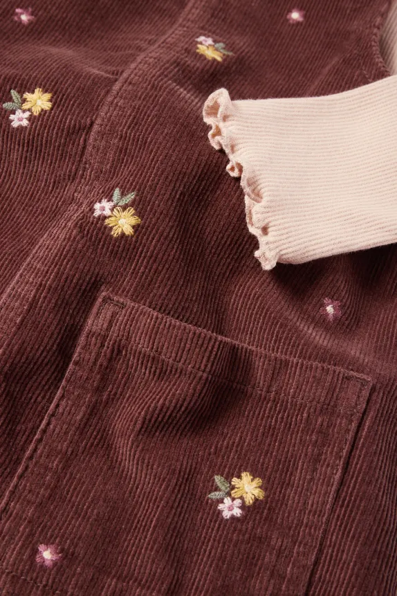 Floral - set - turtleneck top and corduroy dress - 2 piece dark brown