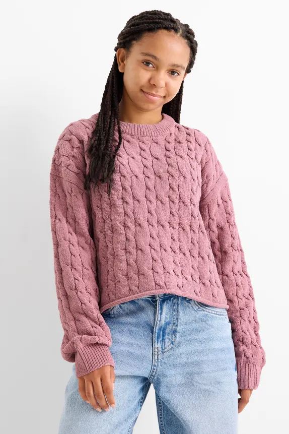 Jumper - cable knit pattern dark rose