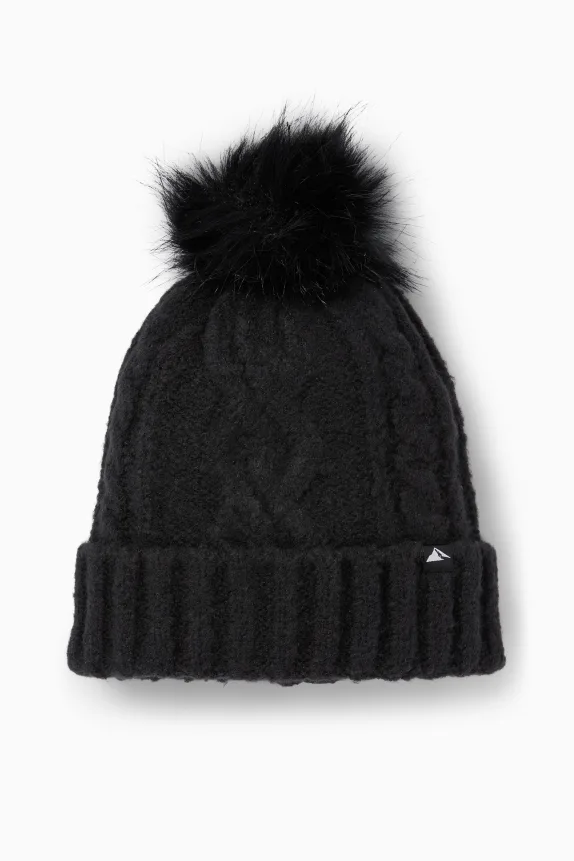 Pom-pom ski hat - cable knit pattern black