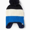 Pom-pom ski hat - ribbed - striped blue