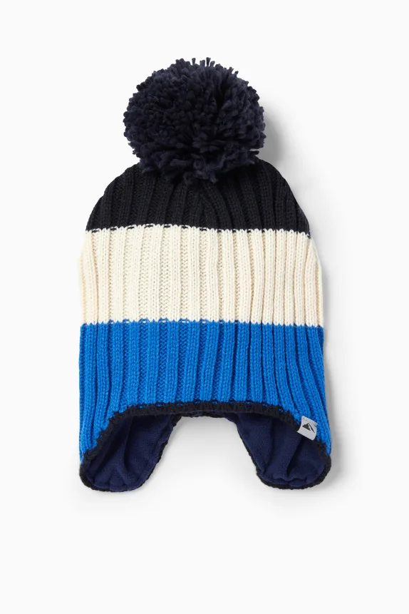 Pom-pom ski hat - ribbed - striped blue