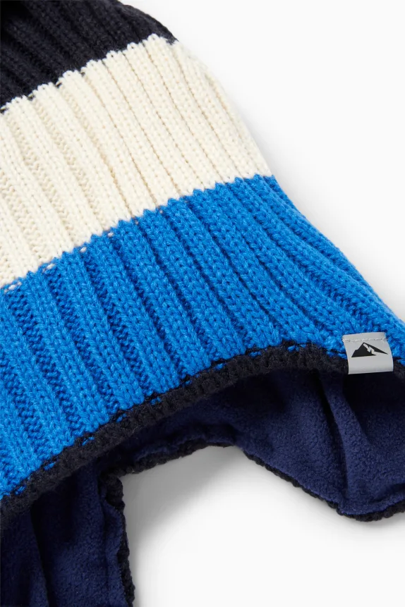Pom-pom ski hat - ribbed - striped blue