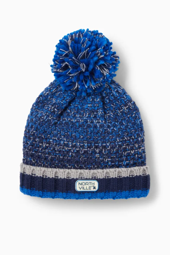 Pom-pom hat - patterned - textured blue