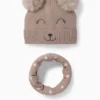 Kawaii - set - pom-pom hat and snood - 2 piece beige