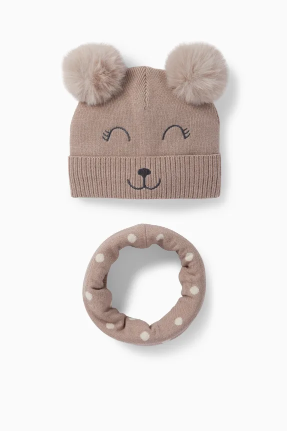 Kawaii - set - pom-pom hat and snood - 2 piece beige