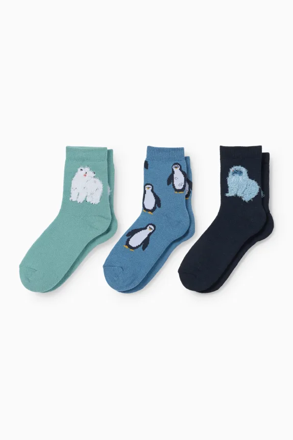 Multipack of 3 - penguin and polar bear - warm socks with motif dark blue