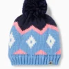 Pom-pom ski hat - patterned blue