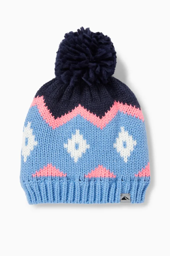 Pom-pom ski hat - patterned blue