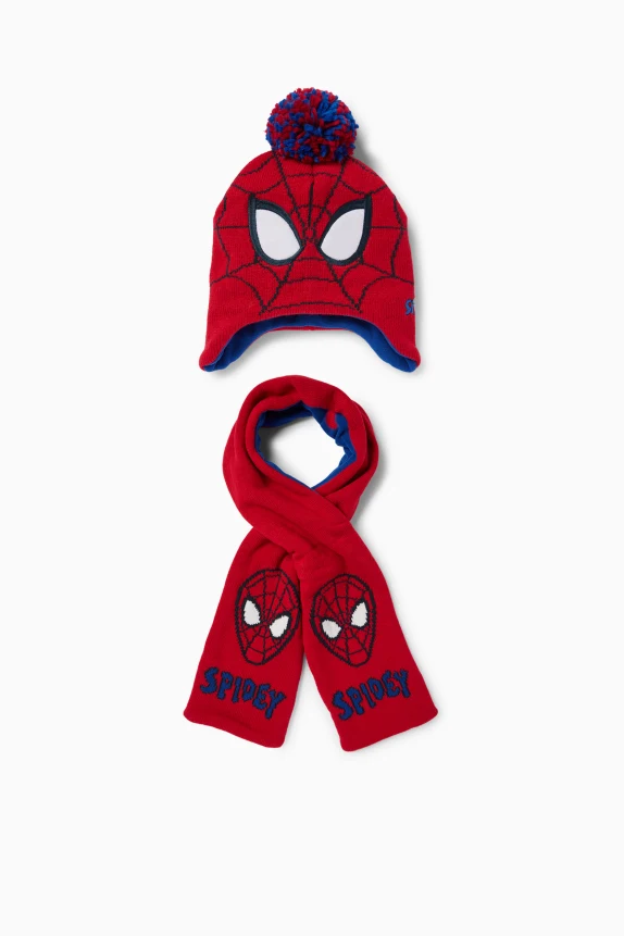 Spidey - set - pom-pom hat and scarf - 2 piece red / blue