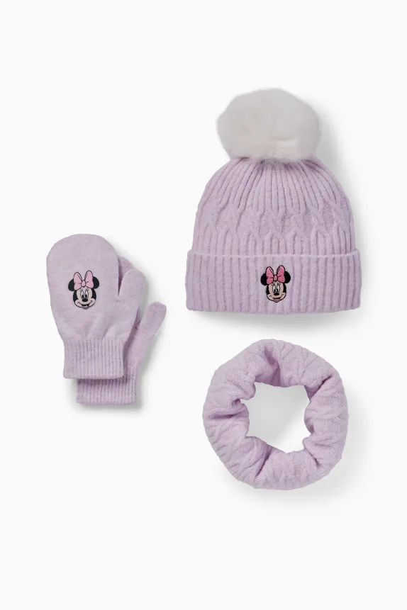 Minnie Mouse - set - pom-pom hat, snood and mittens light violet