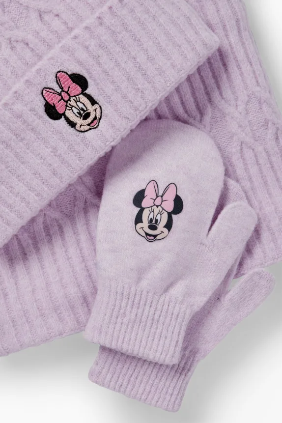 Minnie Mouse - set - pom-pom hat, snood and mittens light violet