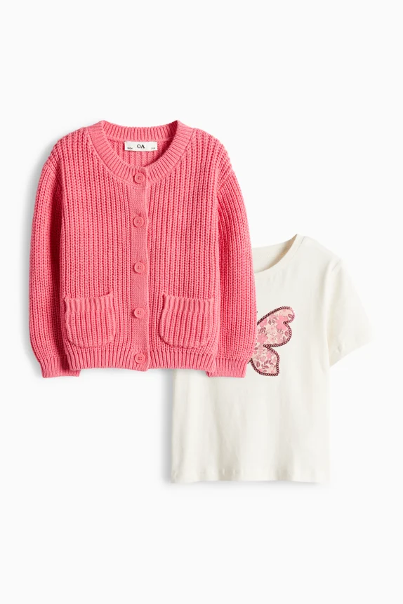 Butterfly - set - short sleeve T-shirt sleeve and cardigan white / pink