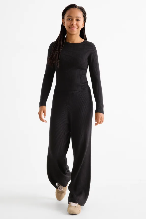 Set - long sleeve top and jersey trousers - ribbed - 2 piece black