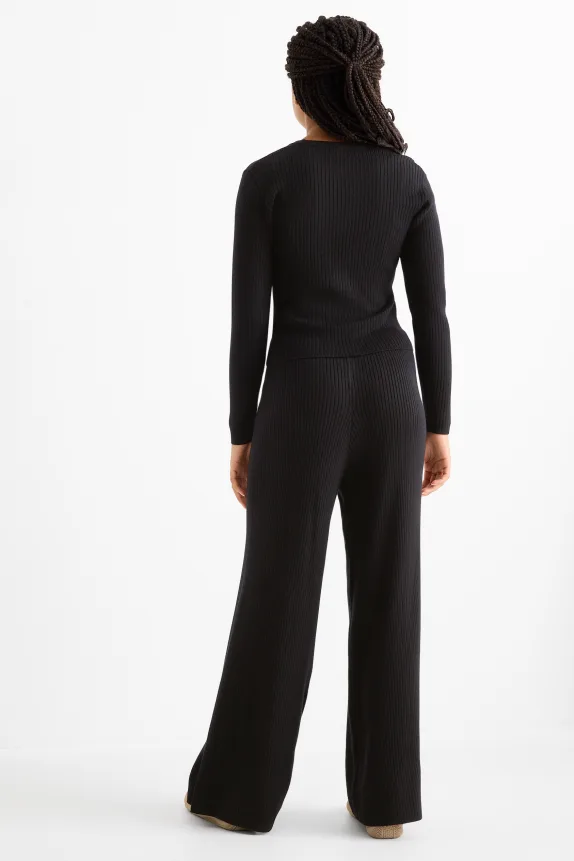 Set - long sleeve top and jersey trousers - ribbed - 2 piece black