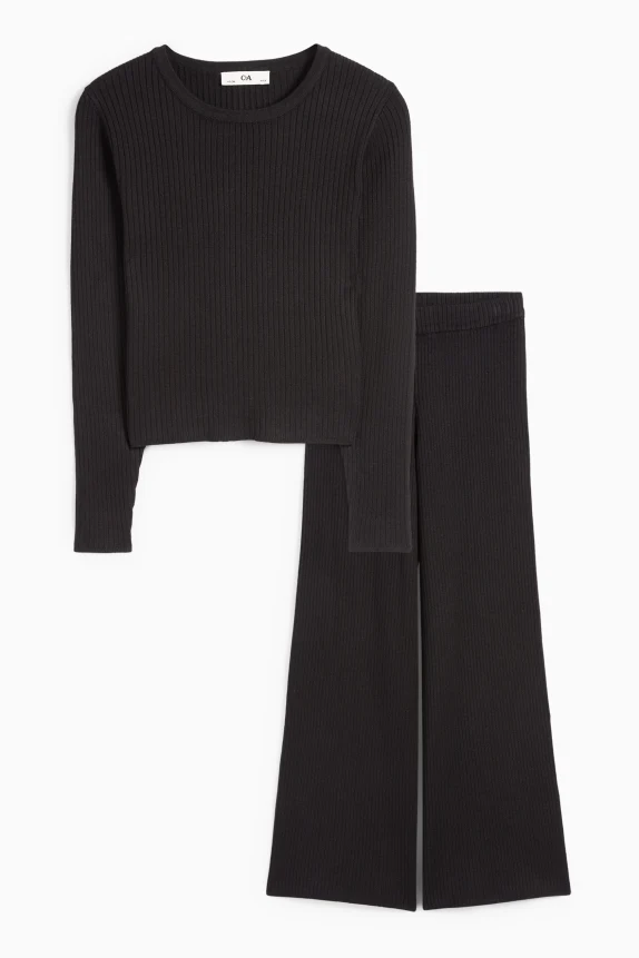Set - long sleeve top and jersey trousers - ribbed - 2 piece black