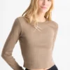 Cropped long sleeve top - slim fit - ribbed taupe