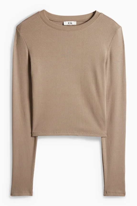 Cropped long sleeve top - slim fit - ribbed taupe