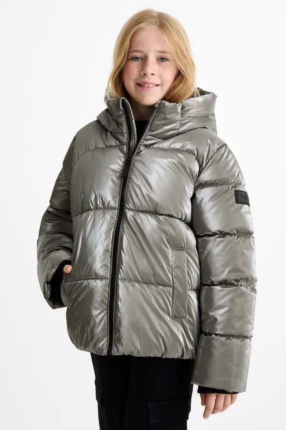 Quilted jacket with hood - shiny silver