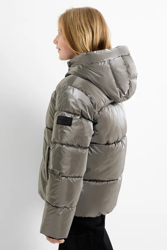 Quilted jacket with hood - shiny silver