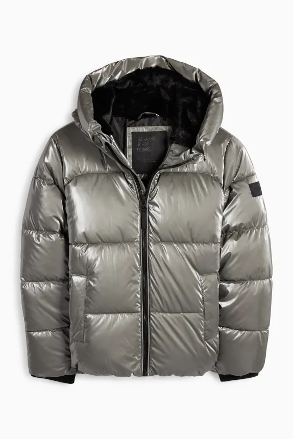 Quilted jacket with hood - shiny silver