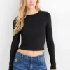 Cropped long sleeve top - slim fit - ribbed black
