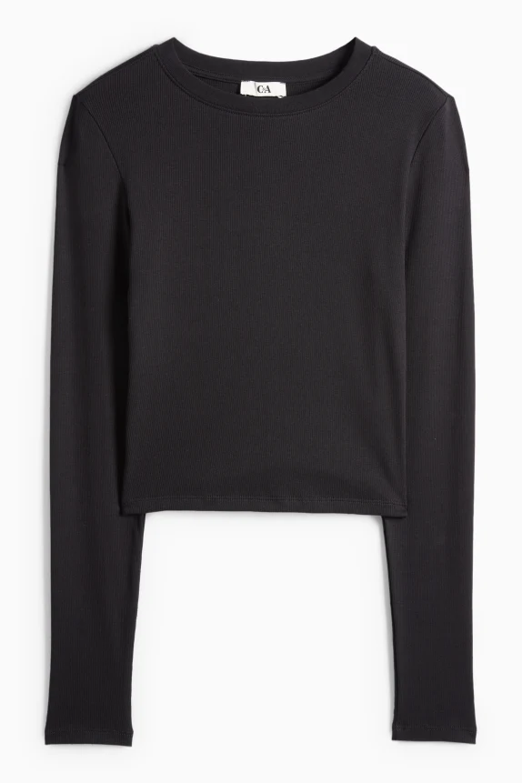 Cropped long sleeve top - slim fit - ribbed black