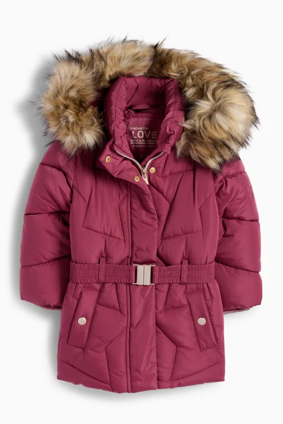 Quilted jacket with hood and faux fur trim bordeaux