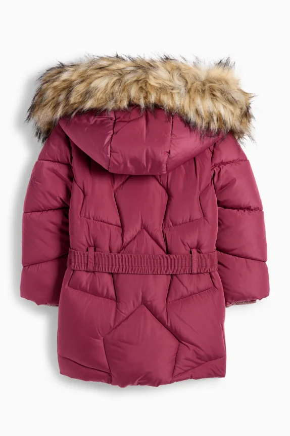 Quilted jacket with hood and faux fur trim bordeaux