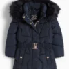 Quilted jacket with hood and faux fur trim dark blue