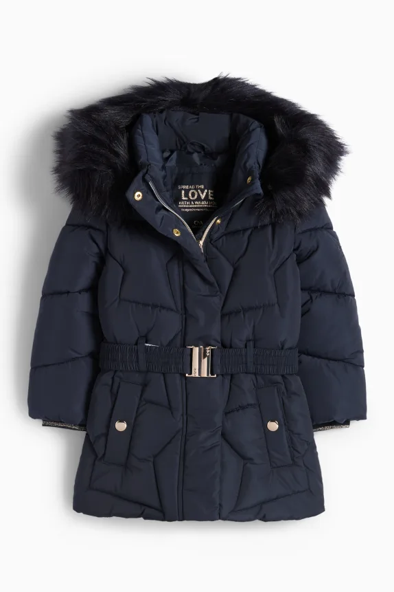 Quilted jacket with hood and faux fur trim dark blue