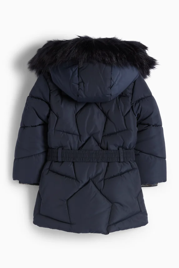 Quilted jacket with hood and faux fur trim dark blue