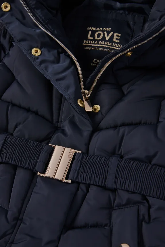 Quilted jacket with hood and faux fur trim dark blue