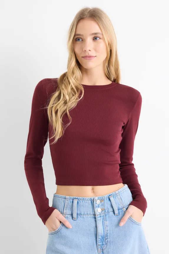 Cropped long sleeve top - slim fit - ribbed bordeaux
