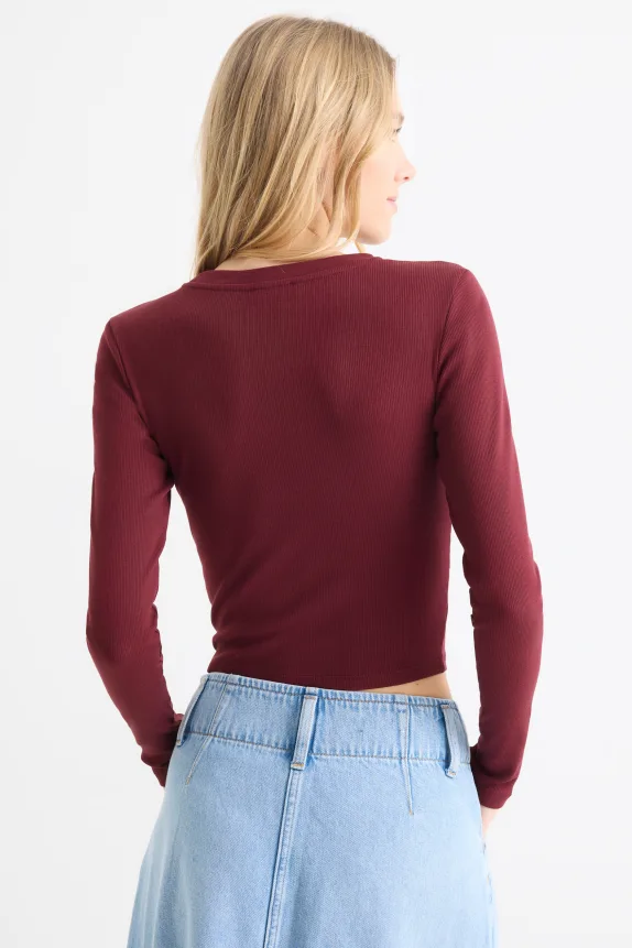 Cropped long sleeve top - slim fit - ribbed bordeaux