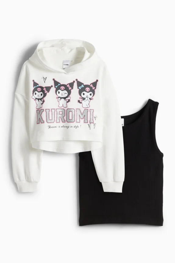 Kuromi - set - hoodie and top - 2 piece - shiny black / white