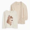 Horse - set - long sleeve top and cardigan - 2 piece light beige